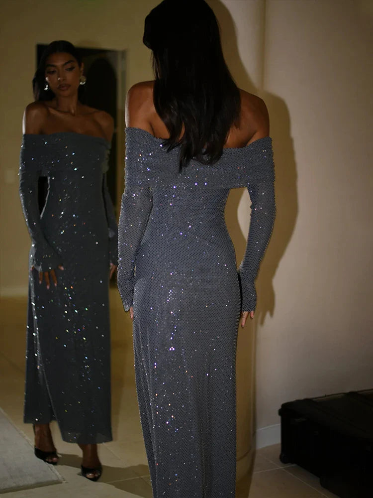 Off Shoulder Long Sparkle Glitter Nightclub Sexy Autumn Winter Maxi Dress Stylish Empire Waist Maxi Dress