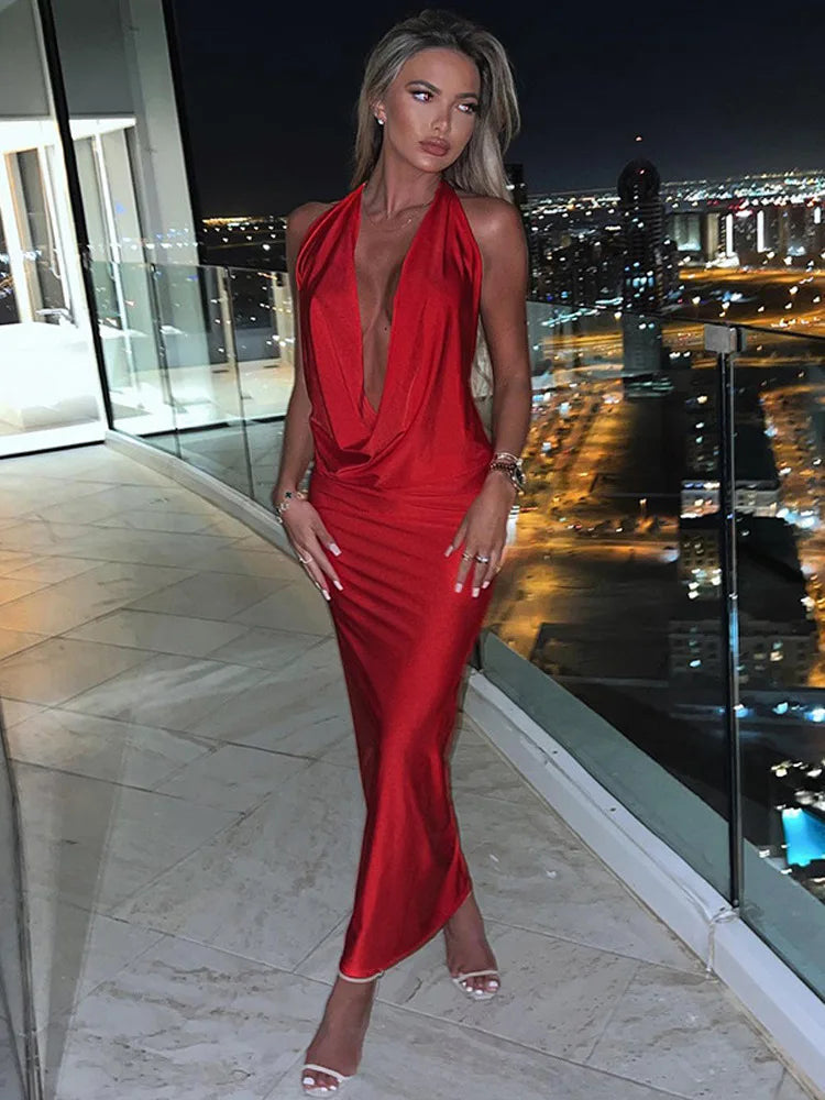 Bodycon Midi Long Spring Summer Halter Deep V Neck Backless Nightclub Sexy Party Maxi Dress Elegant Maxi Dress with Drapes