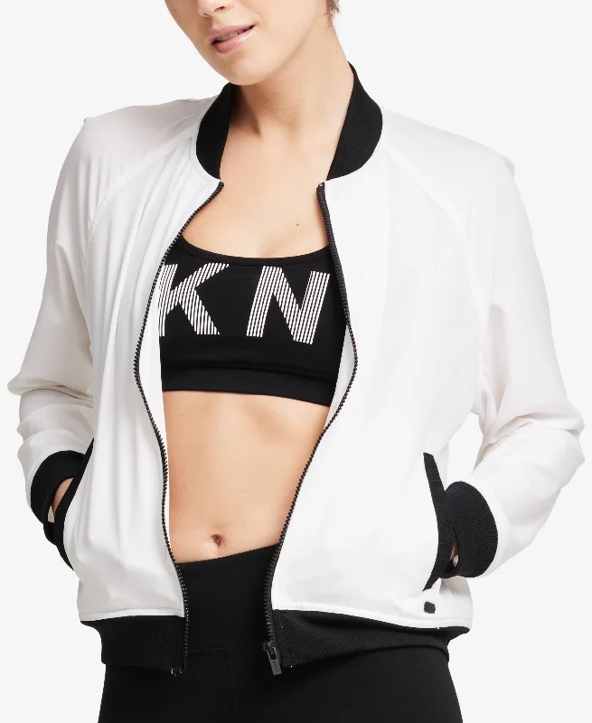 DKNY Sport Graphic Bomber Jacket Zippered Front Buttoned Front Snap Front