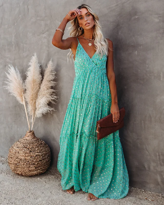 Fathoms Below Adjustable Metallic Tiered Maxi Dress - Seafoam Classic V-Neck Maxi Dress