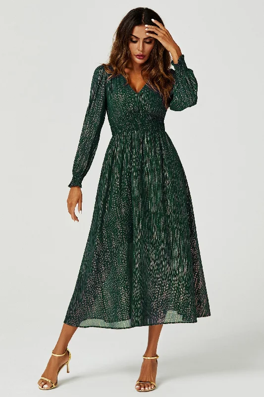 FS Collection Gold Stripe Foil Long Sleeve Maxi Dress In Green Elegant Maxi Dress with Drapes