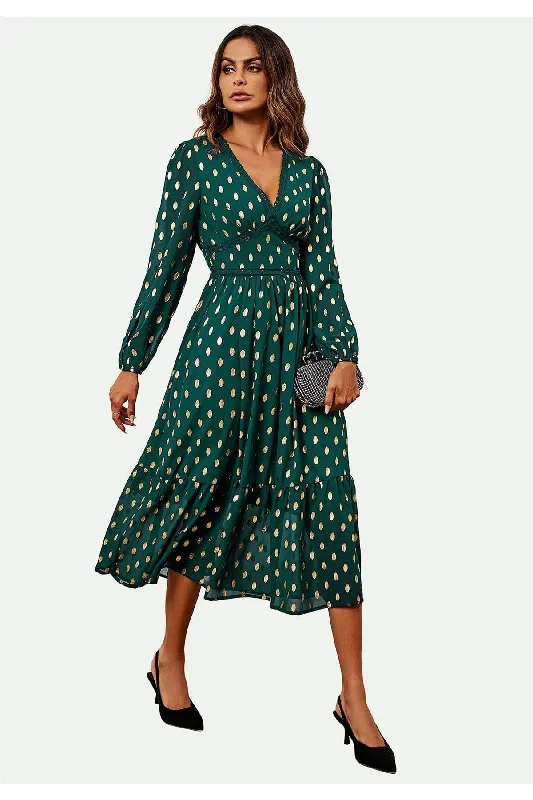 FS Collection Lace Trim Foil Long Sleeve Maxi Dress In Green Comfortable Satin Maxi Dress