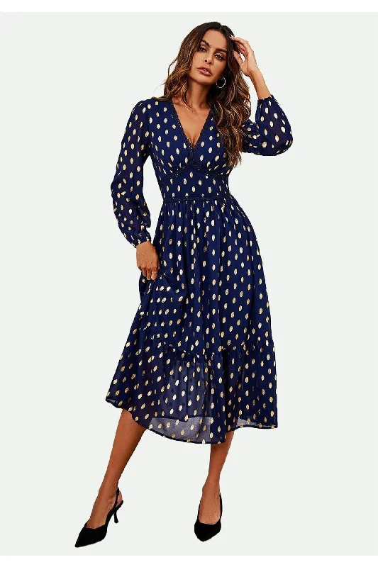 FS Collection Lace Trim Foil Long Sleeve Maxi Dress In Navy Stylish Maxi Dress with Frills