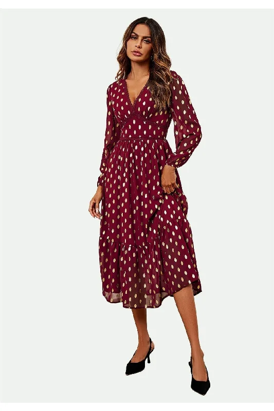 FS Collection Lace Trim Foil Long Sleeve Maxi Dress In Wine Classic A-Line Maxi Dress