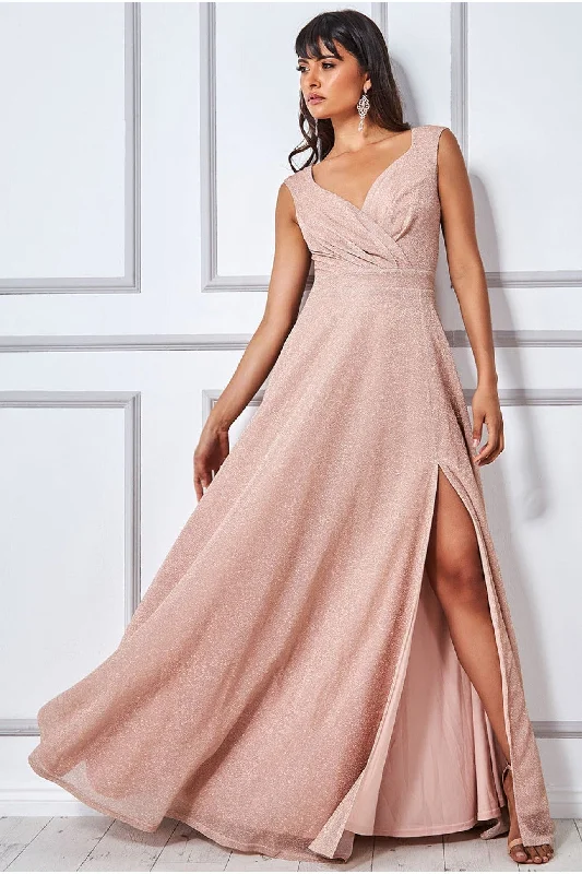 Goddiva Crossover Lurex Glitter Maxi Dress - Nude Stylish A-Line Maxi Dress