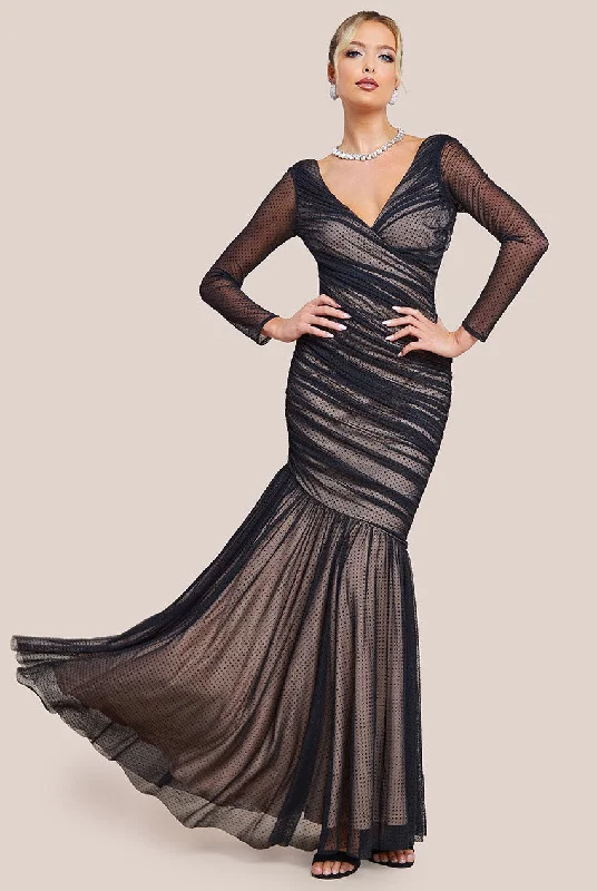 Goddiva Dobby Mesh Wrap Style Gathered Maxi Dress - Black Elegant Lace-Up Maxi Dress