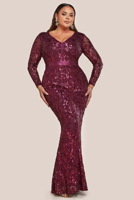 Goddiva Plus Embroidered Sequin & Mesh Maxi Dress - Burgundy Fashionable Halter Neck Maxi Dress