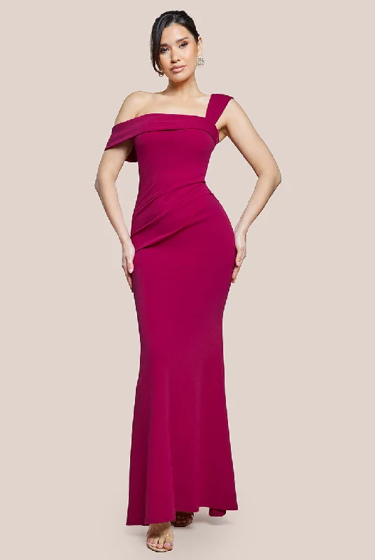 Goddiva Off The Shoulder Pleated Waist Maxi Dress - Berry Fashionable Halter Neck Maxi Dress