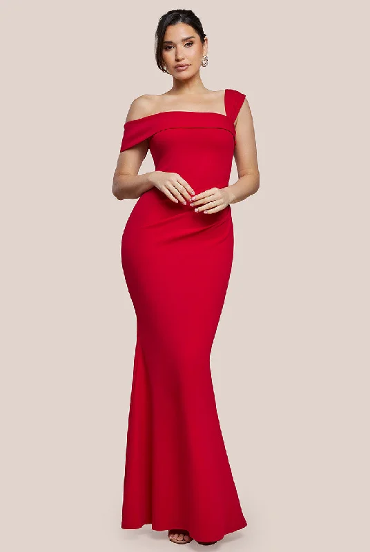 Goddiva Off The Shoulder Pleated Waist Maxi Dress - Red Comfortable T-Shirt Maxi Dress