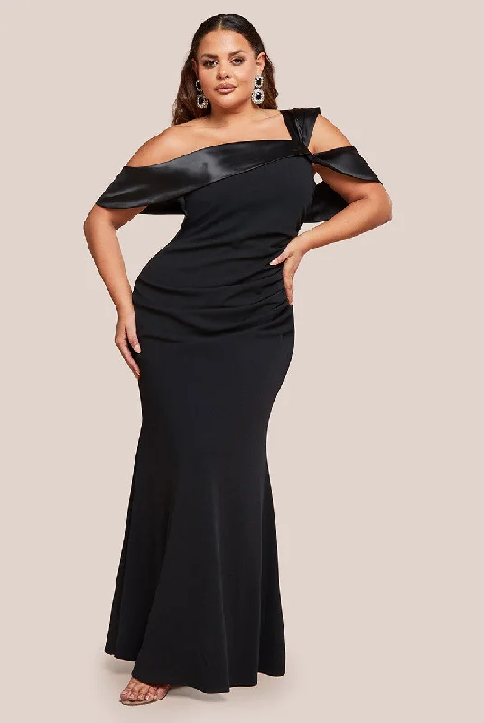 Goddiva Plus One Shoulder Satin Band Maxi Dress - Black Comfortable Maxi Dress with Belt