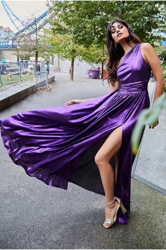 Goddiva One Shoulder Slinky Foil Flared Maxi Dress - Purple Fashionable Open-Back Maxi Dress