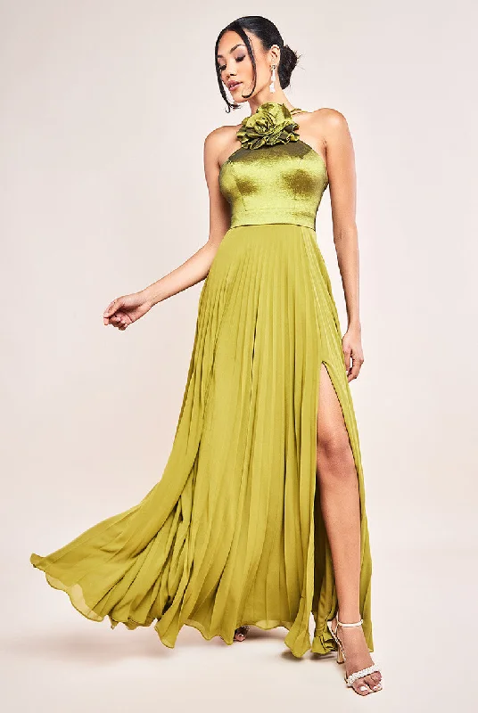 Goddiva Pleated Chiffon Corsage Halter Strappy Maxi Dress - Olive Green Stylish A-Line Maxi Dress