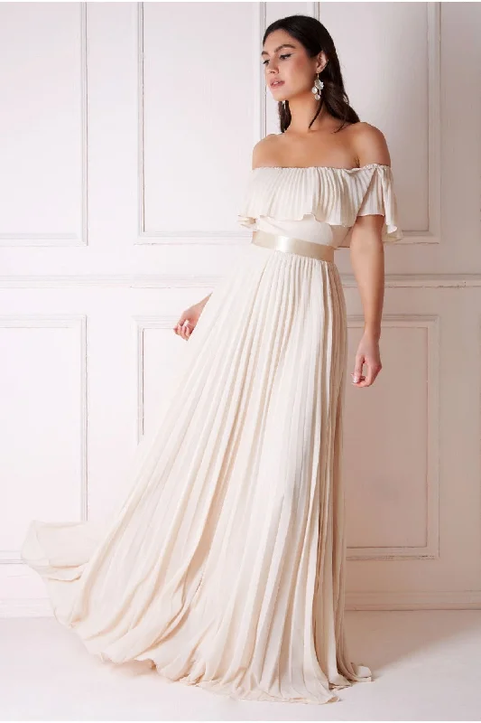 Goddiva Pleated Chiffon Off Shoulder Maxi Dress - Ivory Classic Tulle Maxi Dress