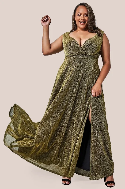 Goddiva Plus Crossover Lurex Glitter Maxi Dress - Gold Elegant Boho Maxi Dress