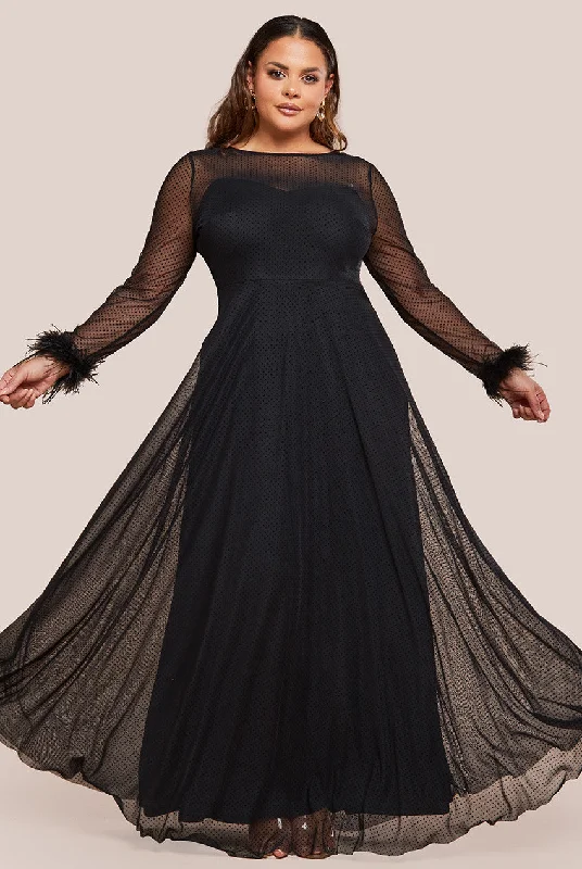 Goddiva Plus Dobby Mesh Feather Sleeve Hem Maxi Dress - Black Classic V-Neck Maxi Dress