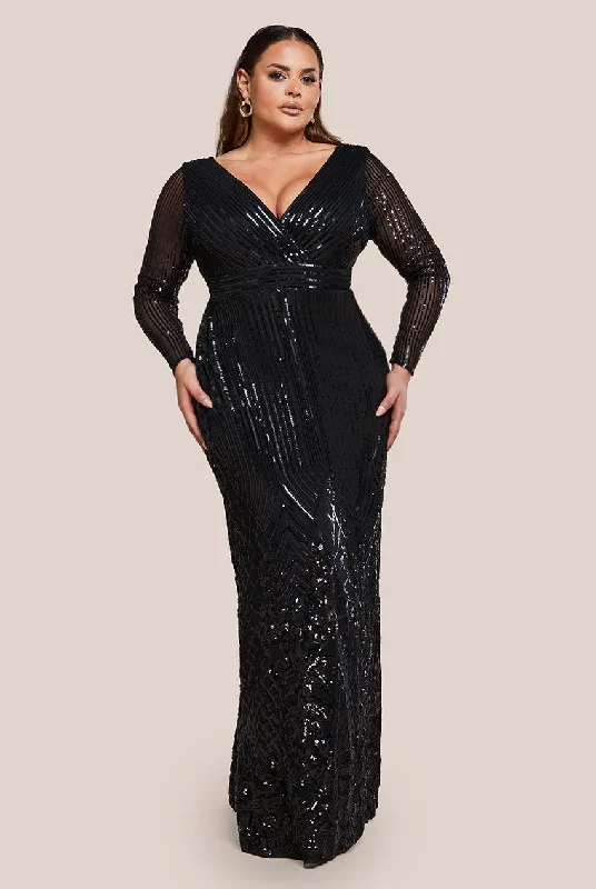 Goddiva Plus Long Sleeve Sequin V Wrap Maxi Dress - Black Comfortable T-Shirt Maxi Dress