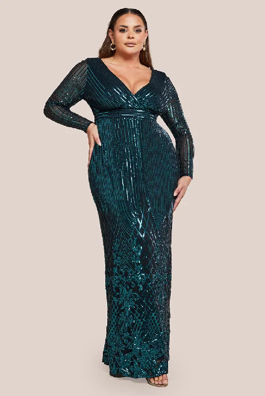 Goddiva Plus Long Sleeve Sequin V Wrap Maxi Dress - Emerald Green Comfortable Flowy Maxi Dress