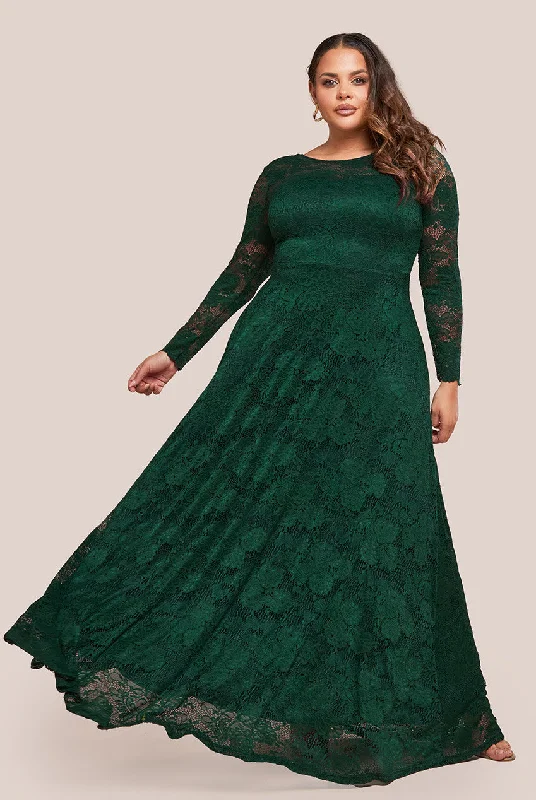 Goddiva Plus Scalloped Lace A-Line Maxi Dress - Emerald Green Elegant Maxi Dress with Drapes