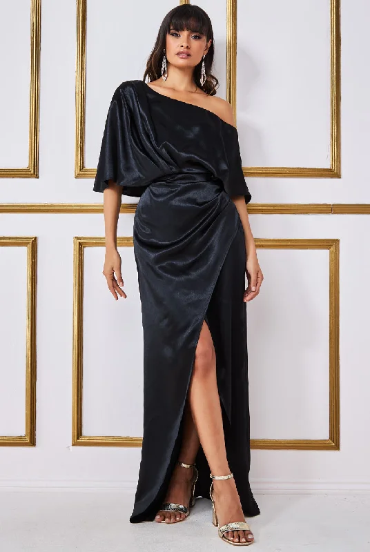 Goddiva Satin Drape Shoulder Wrap Maxi Dress - Black Elegant Maxi Dress with Lace