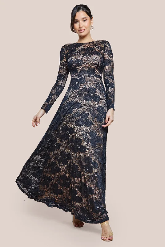 Goddiva Scalloped Lace A-Line Maxi Dress - Black Stylish Maxi Dress with Frills