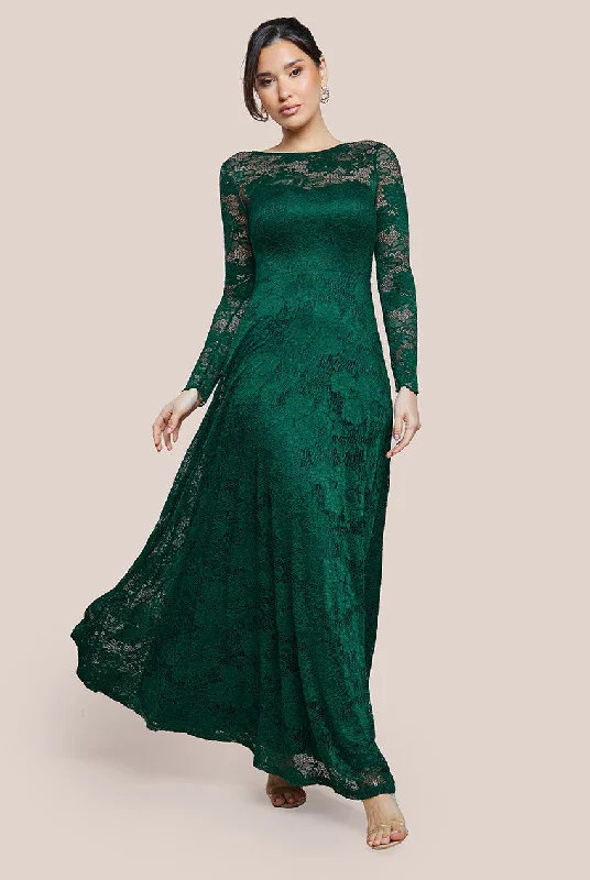 Goddiva Scalloped Lace A-Line Maxi Dress - Emerald Green Fashionable Open-Back Maxi Dress