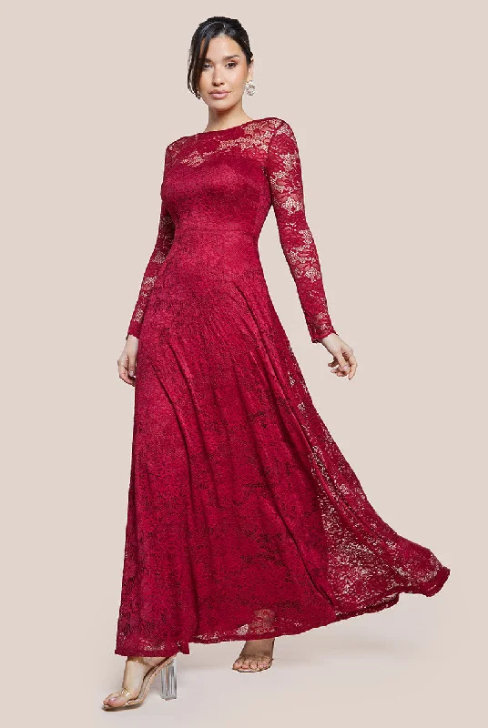 Goddiva Scalloped Lace A-Line Maxi Dress - Wine Fashionable Layered Maxi Dress