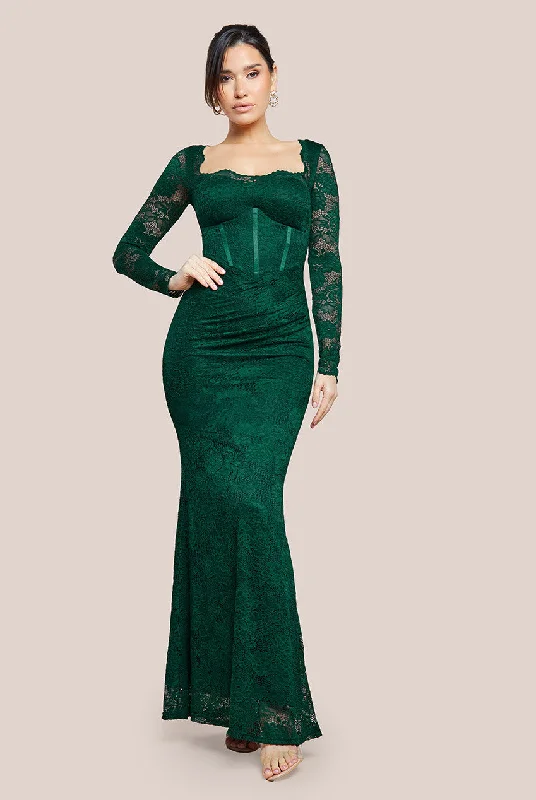 Goddiva Scalloped Lace Corset Bodice Maxi Dress - Emerald Green Comfortable Casual Maxi Dress