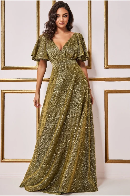 Goddiva Sequin Lurex Flutter Sleeve Maxi Dress - Gold Comfortable Ruffle Maxi Dress