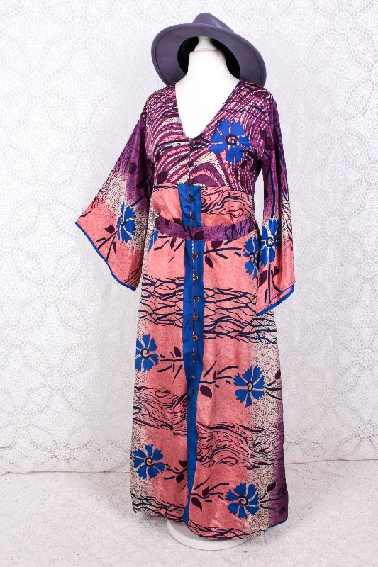 Jasmine Maxi Dress - Plum, Salmon & Azure Floral Ripple Vintage Sari - Size S/M Fashionable High-Low Maxi Dress