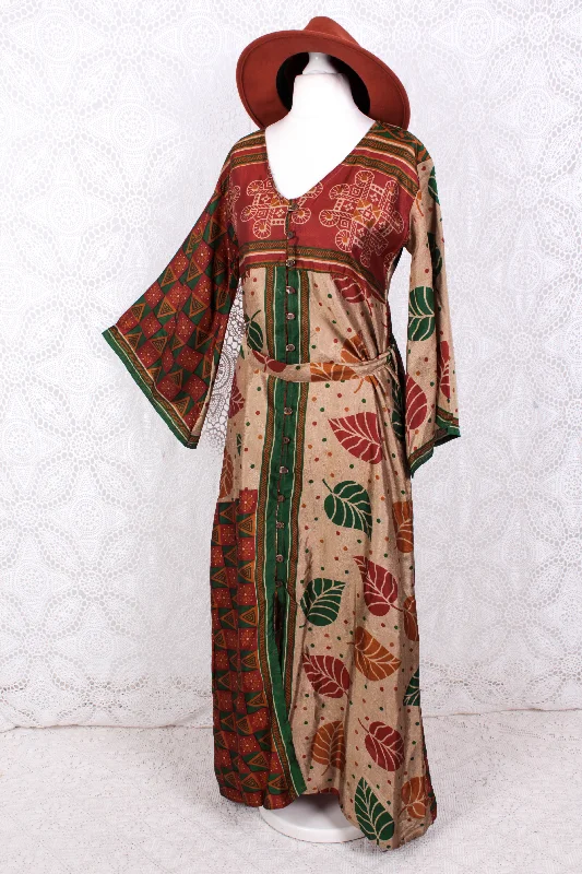 Jasmine Maxi Dress - Forest, Antique Silver & Terracotta Leaf Vintage Sari - Size S/M Cozy Ruffle Sleeve Maxi Dress