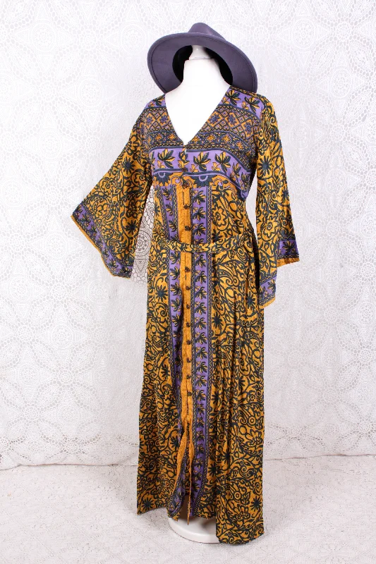 Jasmine Maxi Dress - Lemon & Lavender Flora Nouveau Vintage Sari - Size S/M Elegant Lace Maxi Dress