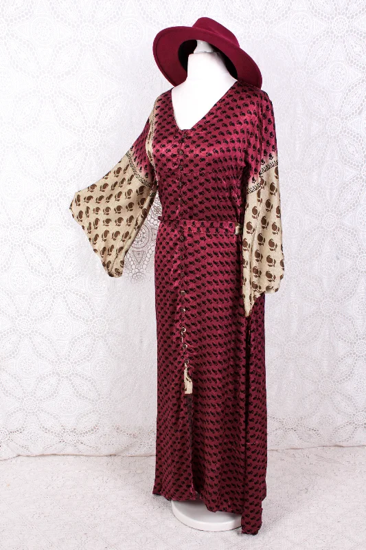 Jasmine Maxi Dress- Sangria, Gold & Ivory Shimmery Fleur De Lis Vintage Sari - Size S/M Classic A-Line Maxi Dress