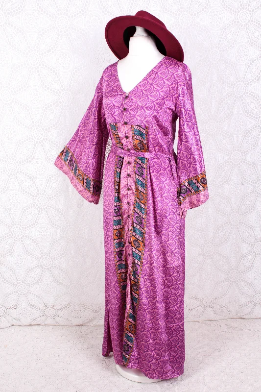 Jasmine Maxi Dress - Pink & Purple Vintage Sari - Size S/M Comfortable Long-Sleeve Maxi Dress