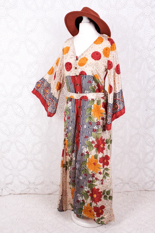 Jasmine Maxi Dress - Cherry, Prussian, & Mustard Floral Vintage Sari - Size S/M Fashionable Chiffon Maxi Dress