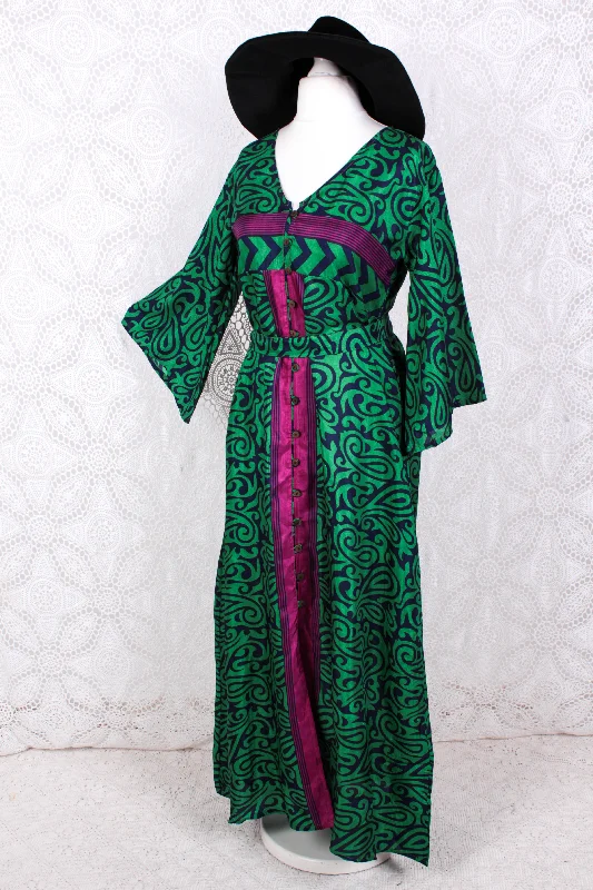 Jasmine Maxi Dress - Bright Emerald, Navy & Fuchsia Paisley Vintage Sari - Size S/M Comfortable Pleated Maxi Dress