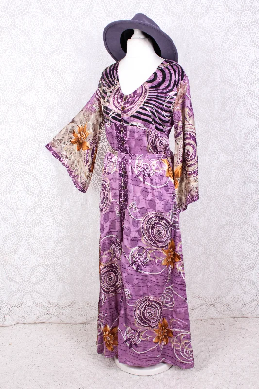 Jasmine Maxi Dress - Mauve Shimmer Floral Vintage Sari - Size S/M Stylish V-Neck Maxi Dress