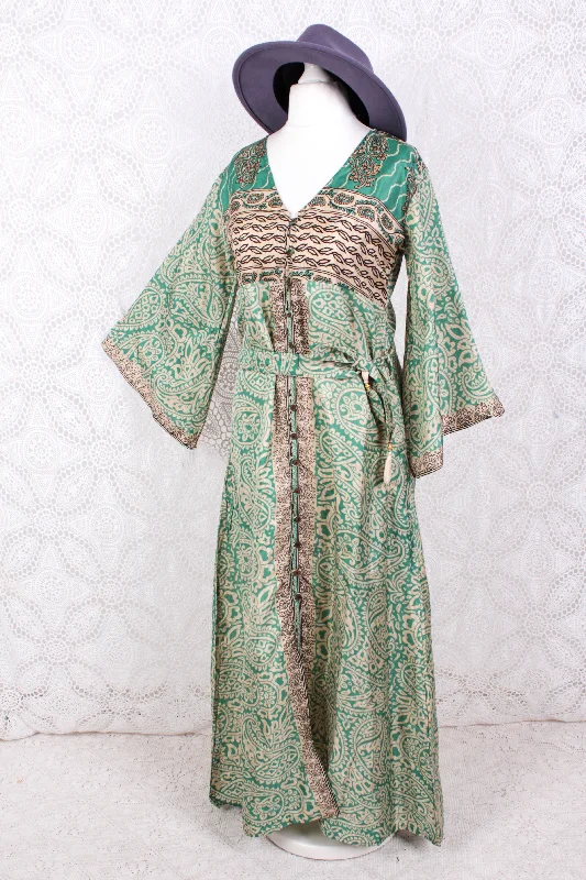 Jasmine Maxi Dress - Peppermint & Ivory Paisley Vintage Sari - Size S/M Stylish Maxi Dress with Pleats