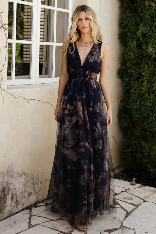 Kamila Tulle Maxi Dress | Dark Blue Floral Casual Maxi Dress with Pockets