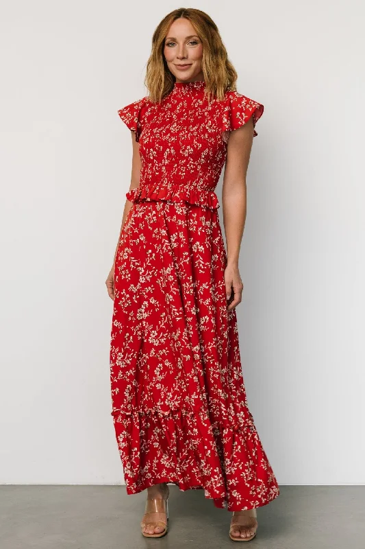 Orla Ruffle Maxi Dress | Red floral Chic Button-Up Maxi Dress