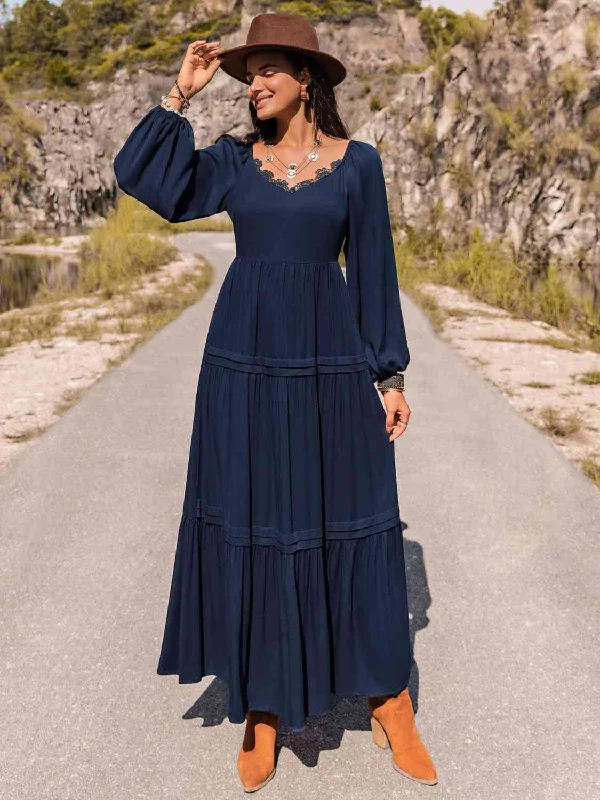 Long Sleeve Lace Trim Maxi Dress Chic Off-Shoulder Maxi Dress