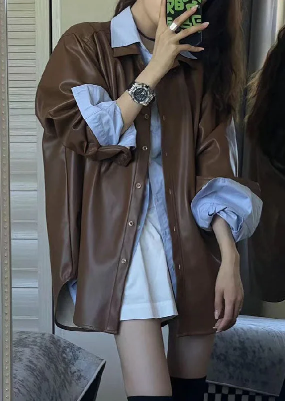 Loose Coffee Peter Pan Collar Button Faux Leather Jackets Long Sleeve Front Pockets Side Pockets Patch Pockets