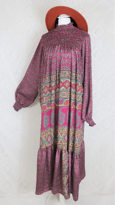 Mona Maxi Dress - Vintage Indian Sari - Magenta Pink & Sage - Free Size Trendy Fit-and-Flare Maxi Dress