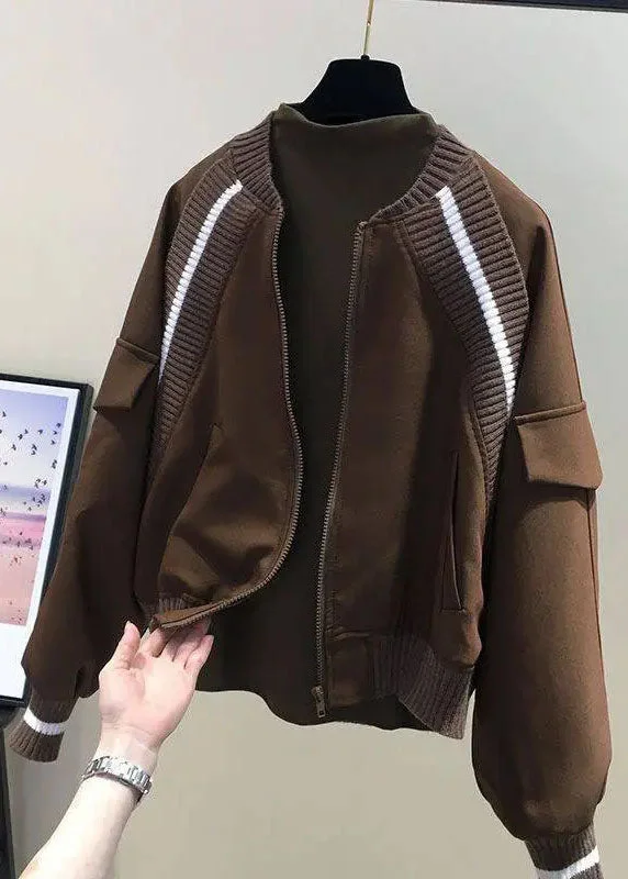 Organic Coffee Knit Patchwork Zippered Jackets Fall Stand-Up Collar Roll-Neck Collar Turtle Neck