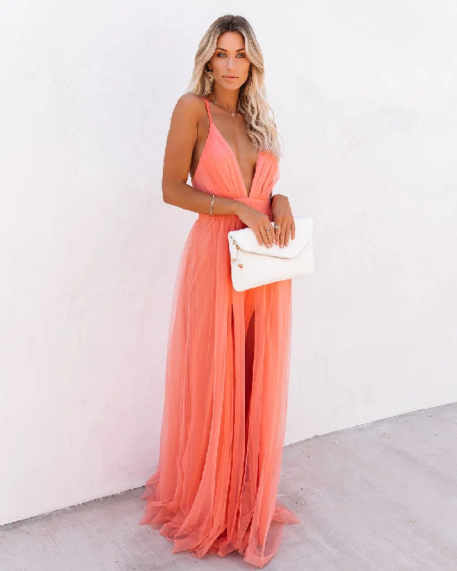 KittenAlarm - Petal Dust Maxi Dress - Apricot Cozy Maxi Dress with Slit