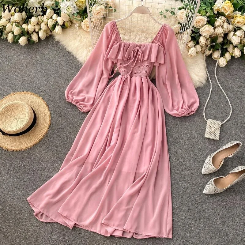 FashionSierra - Square Collar Maxi Dress Women Solid Chiffon Puff Sleeve Dresses Trendy Short Sleeve Maxi Dress