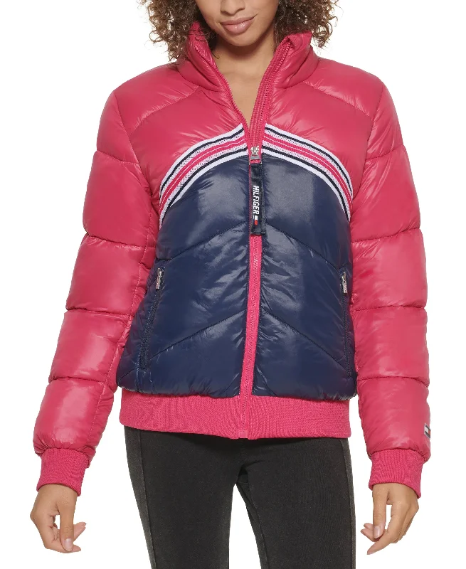 Tommy Hilfiger Sport Colorblocked Puffer Jacket A-Line Jacket Boat Neck Shawl Collar