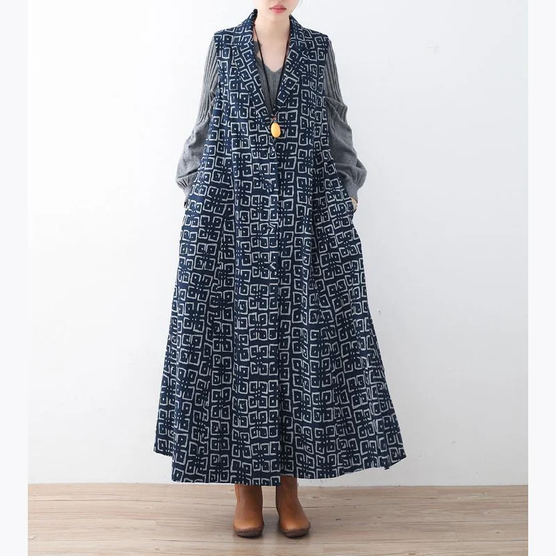 women blue cotton vest Jackets & Coats oversize prints Winter coat women sleeveless long coat Jacket Blazer Coat