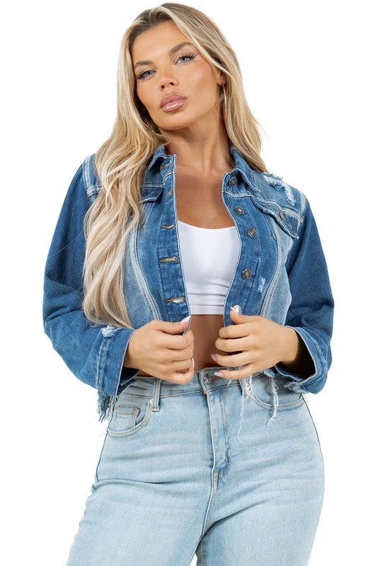 WOMEN FASHION CROP DENIM TRUCKER JACKET Wool Fabric Cashmere Fabric Tweed Fabric