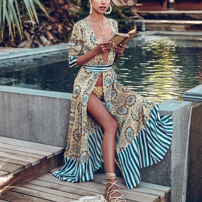 FashionSierra - Women Flower Striped Print Boho Dress Sashes Wrap Dress Summer Slit Long Sleeve Beach Maxi Dresses Vintage Robe Femme Cozy Cold-Shoulder Maxi Dress