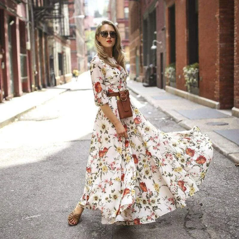 FashionSierra - Women's Boho Maxi Dress Floral Summer Beach Party Long Sundress Fashion Ladies Casual Daily Half Sleeve Dress Clothes Comfortable Plunging Neckline Maxi Dress